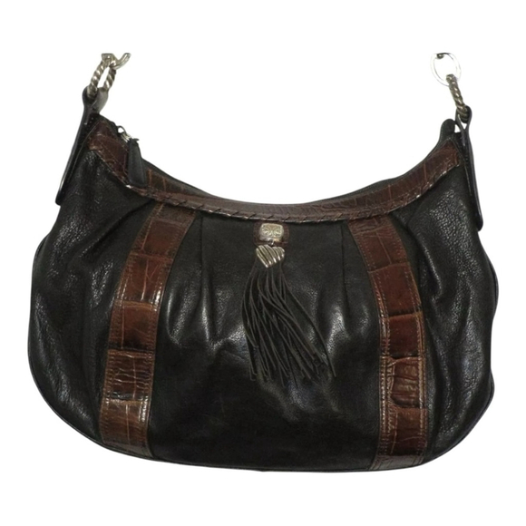 BRIGHTON Large Purse Croc Leather Black Brown Zip Top Bag Tassel Hobo - Picture 5 of 6